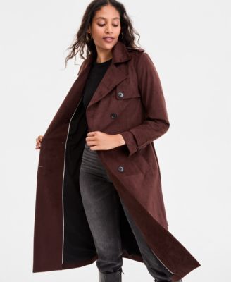 Petite Double-Breasted Faux-Suede Belted Trench Coat