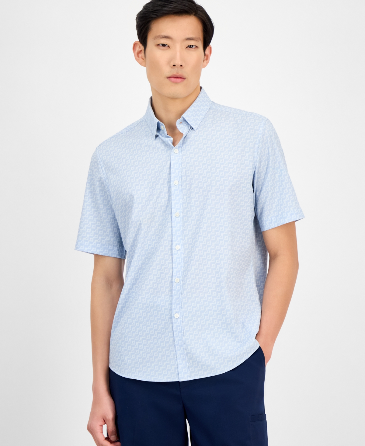 Men's Signature Geo-Pattern Shirt, Exclusively at Macy's - Crispy Navy