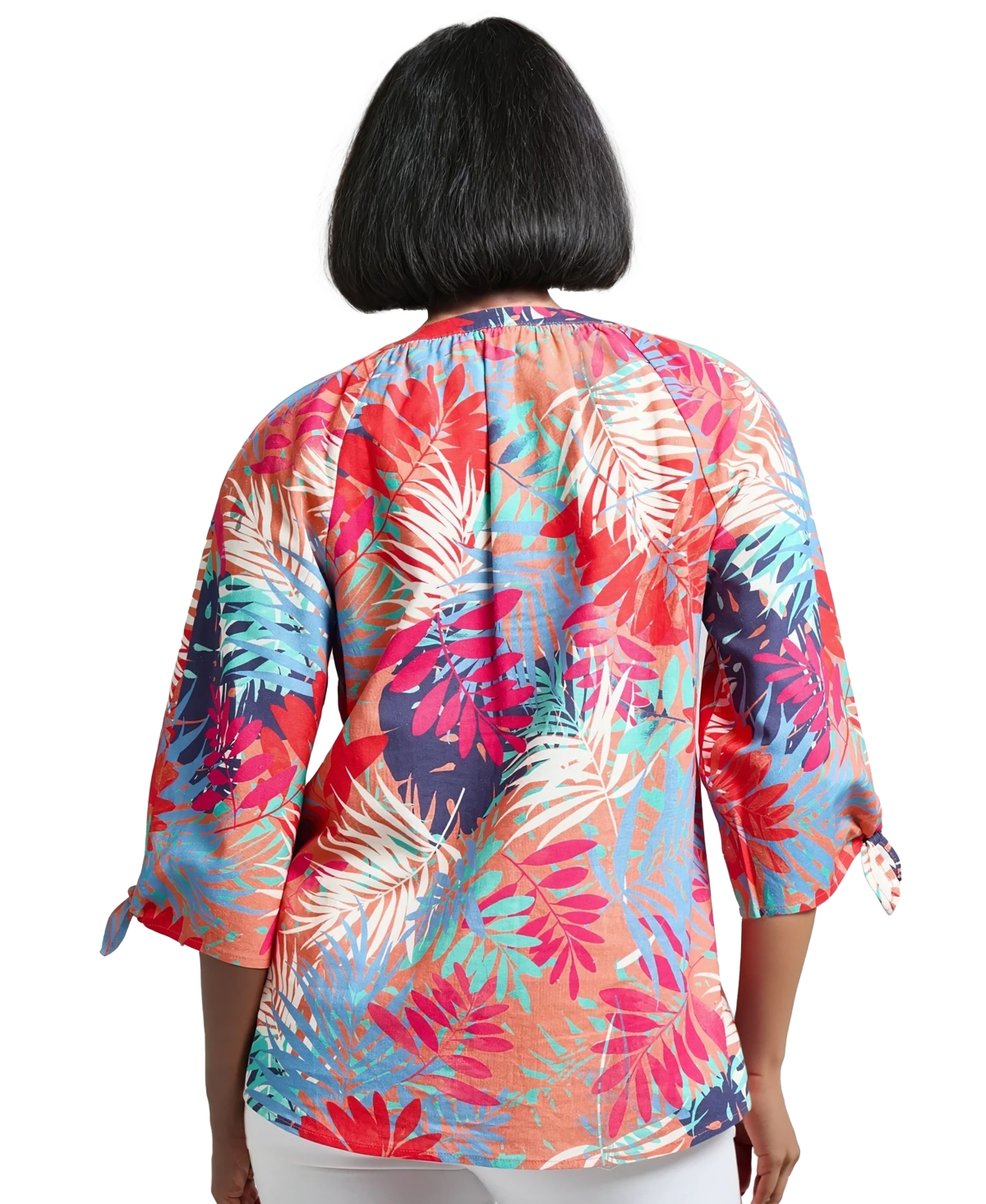 Jones New York Leaf Print Linen Blend Popover Top In Multi