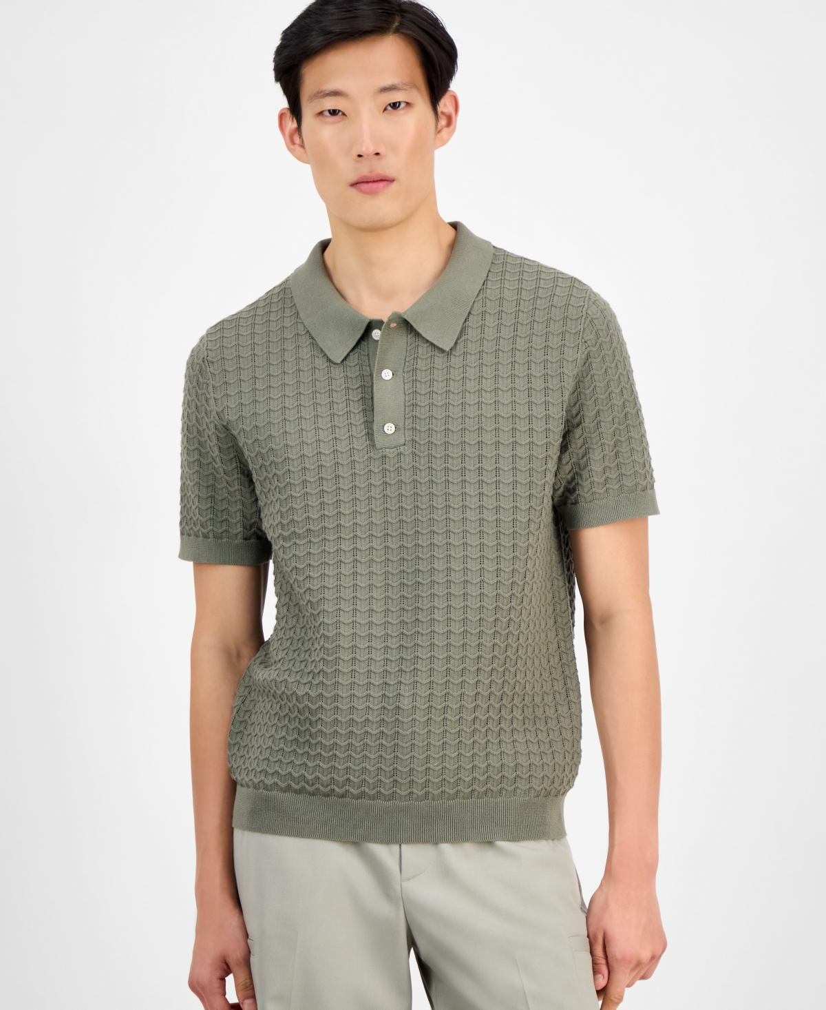 Men's Textured Sweater Polo Shirt, Exclusively at Macy's - Downpour Blue