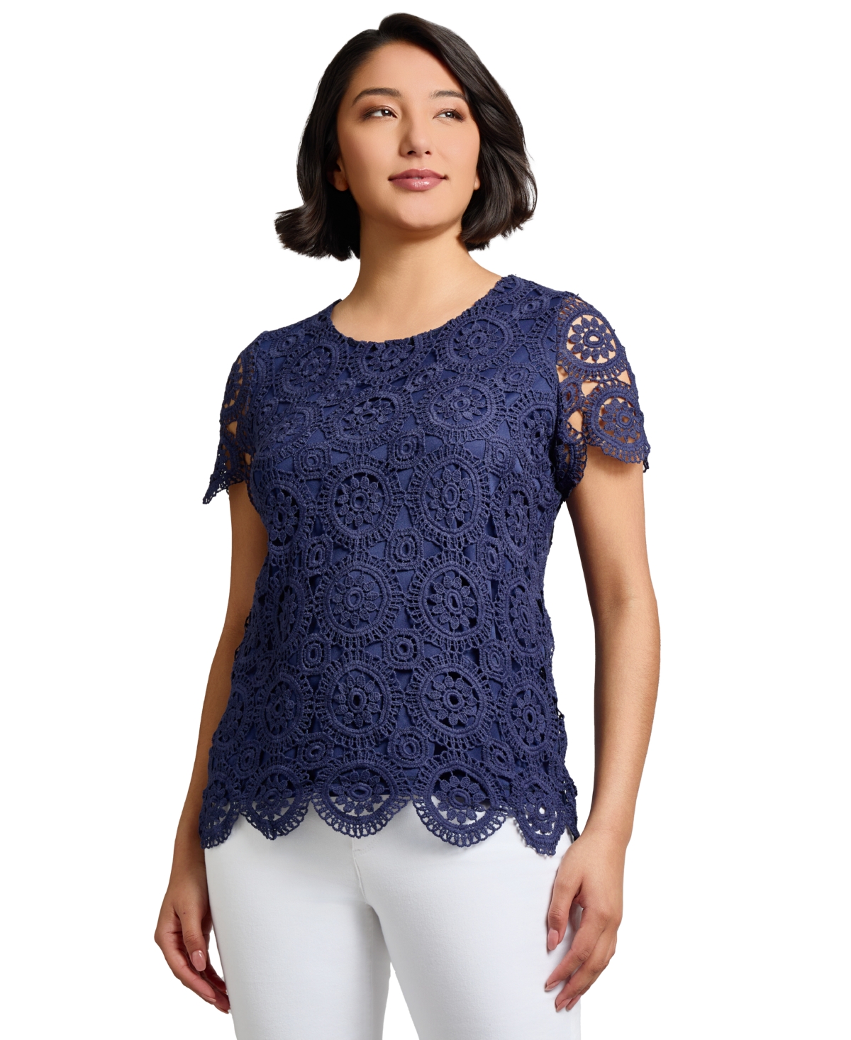 Jones New York Medallion Lace Short Sleeve Top