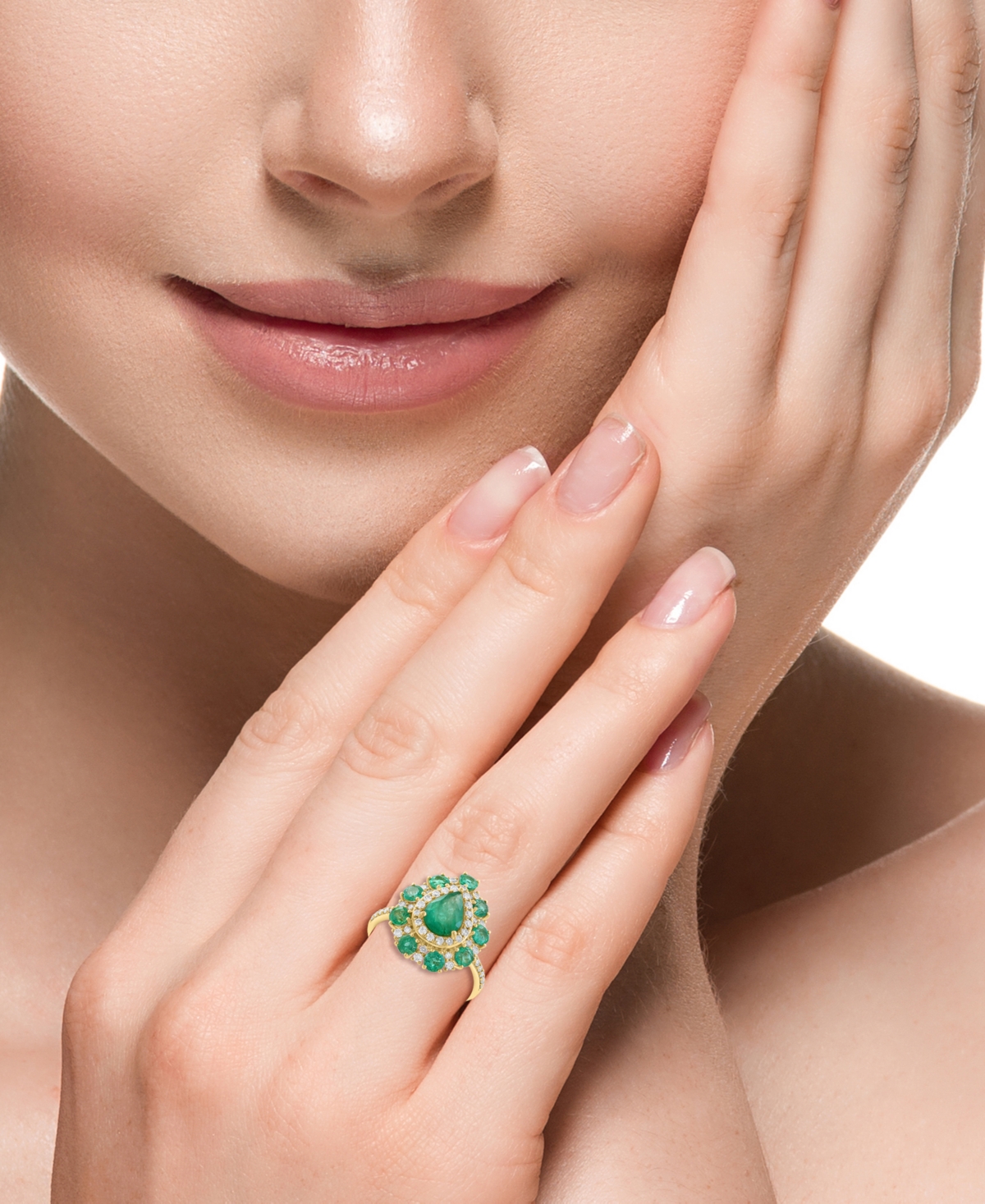 EFFY COLLECTION EFFY EMERALD (2 CT. T.W.) & DIAMOND (3/8 CT. T.W.) PEAR HALO STATEMENT RING IN 14K GOLD 