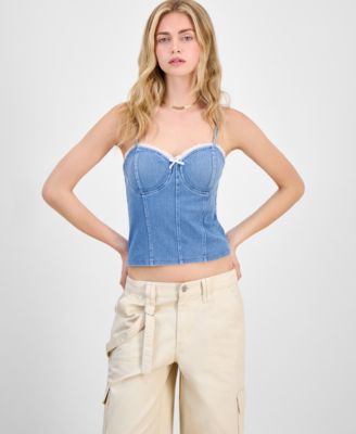 売れ筋商品|||マッデンガール カットソー トップス レディース Juniors' Denim Hook-Front Corset Top Medium Wash Madden Girl Juniors' Denim Corset Top - Macy's