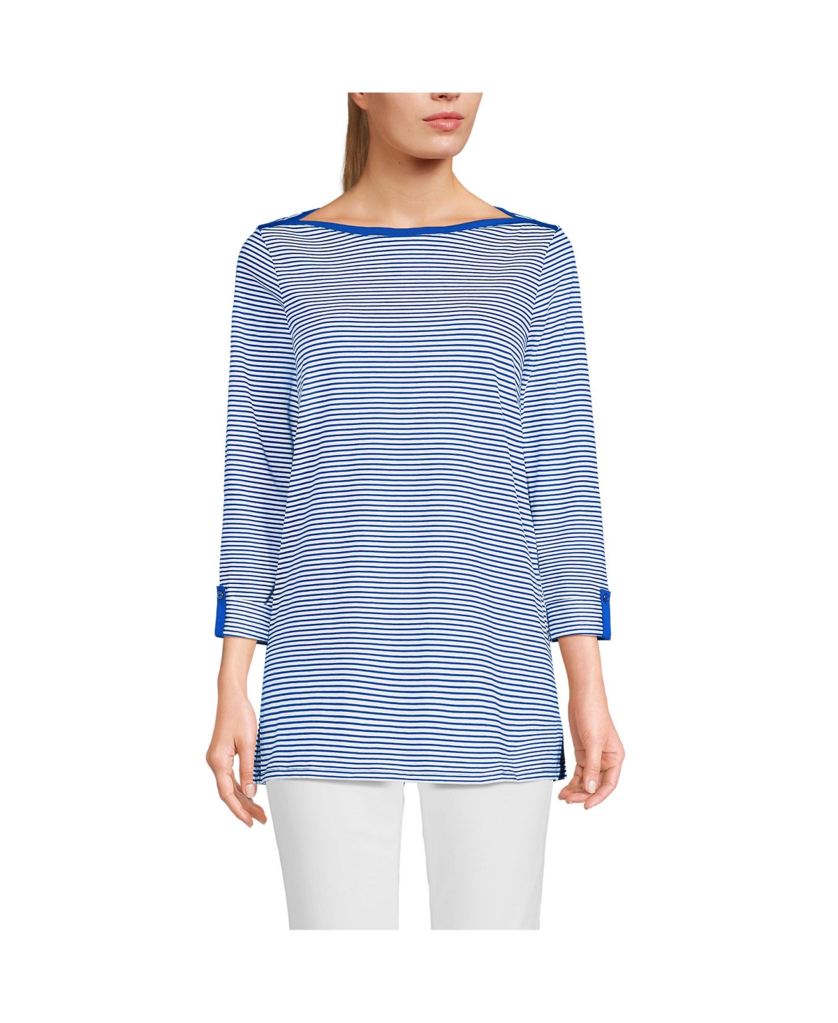 Women's Supima Cotton Adjustable 3/4 Sleeve Boatneck Tunic - Champagne/ivory breton stripe