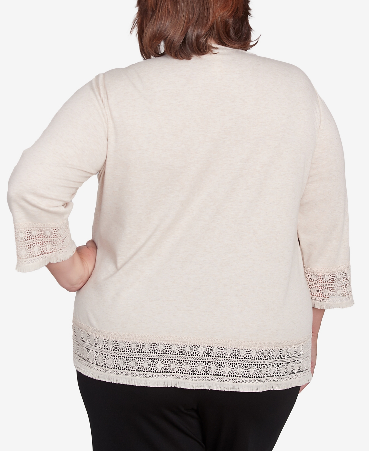 Alfred Dunner Plus Size Summer Solstice Lace Trimmed Knit Top With Necklace In Oatmeal