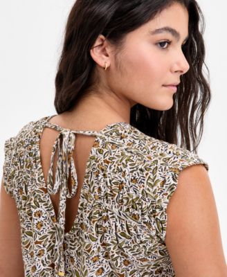 Women's Printed Ruched-Shoulder V-Neck Top