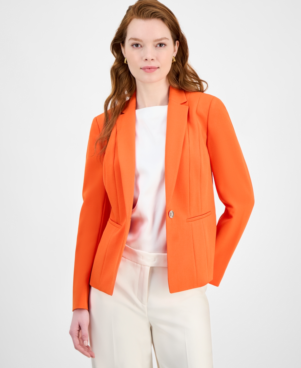 Kasper Plus Size Notched Collar Paneled One-button Blazer In Orange