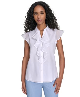 Calvin Klein - Women's Cotton Button-Front Ruffle Blouse