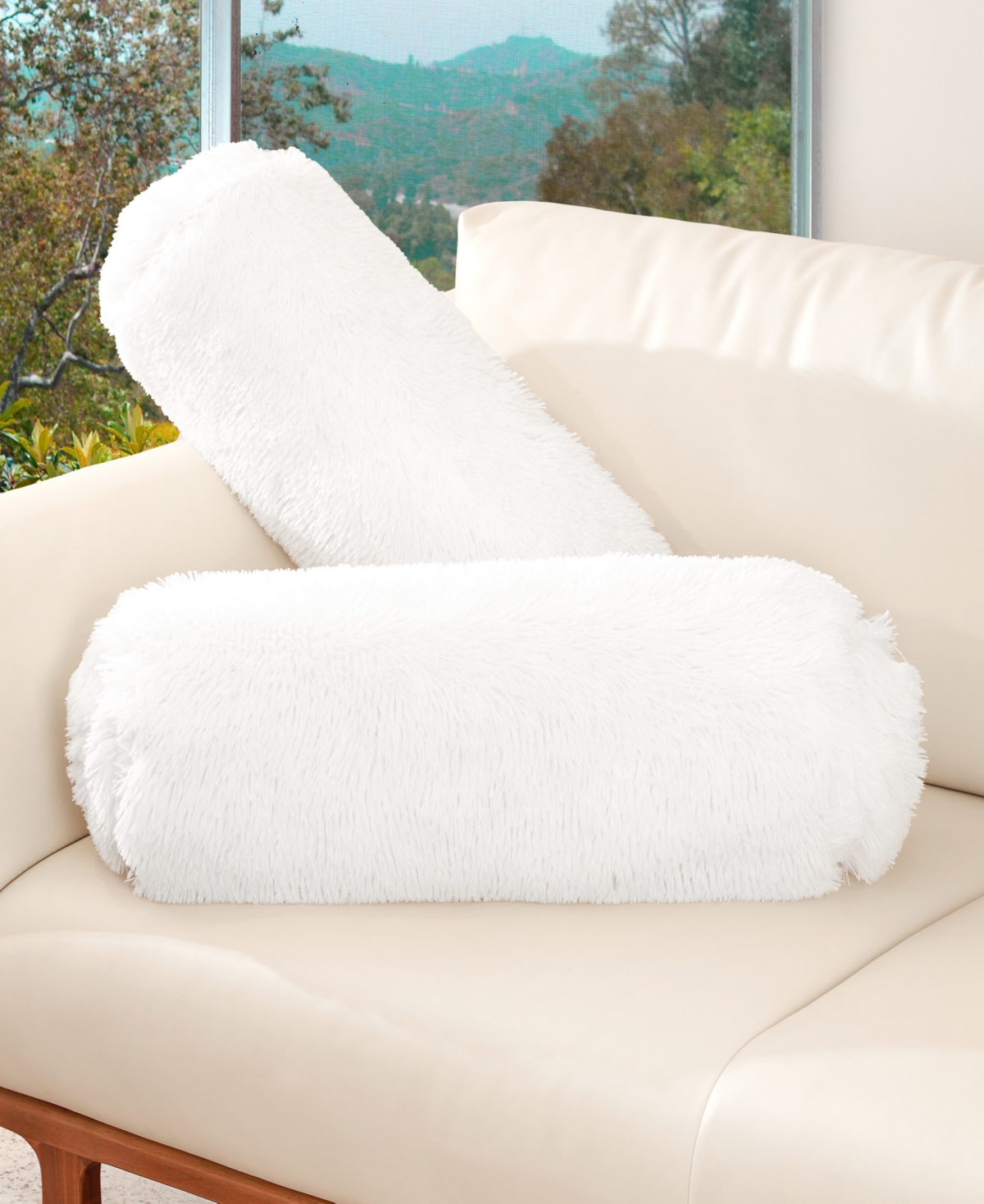Cheer Collection Shaggy Bolster Decorative Pillow Set, 8" X 24" In White