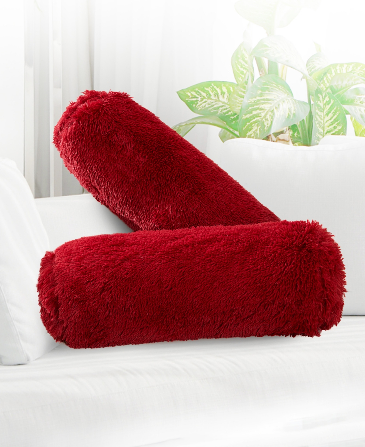 Cheer Collection Shaggy Bolster Decorative Pillow Set, 8" X 24" In Red