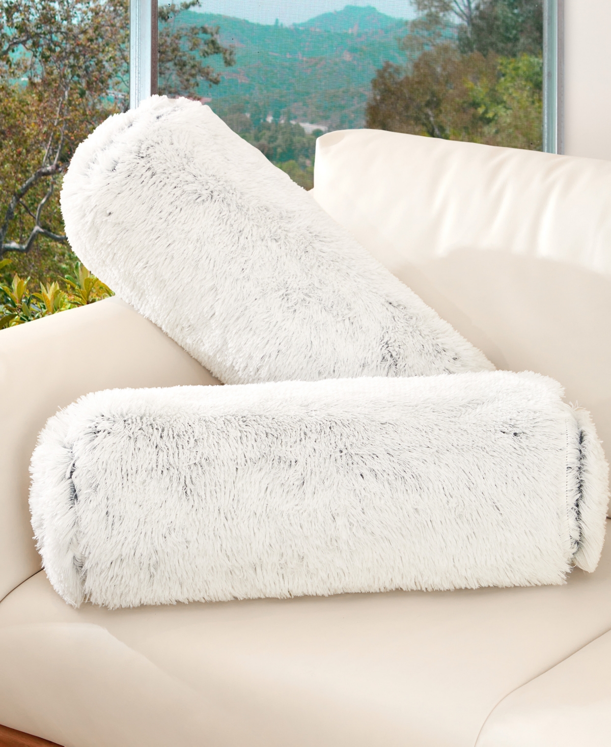 Cheer Collection Shaggy Bolster Decorative Pillow Set, 8" X 24" In White