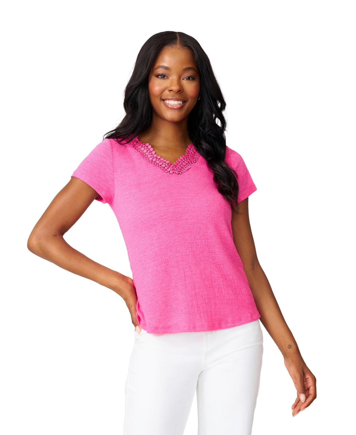 Women's Crochet Lace V-Neck Tshirt - Snow white