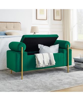 Upholstered Storage Bench with Cylindrical Armrests and Metal Legs Ottoman for Bedroom & Living Room or Entryway