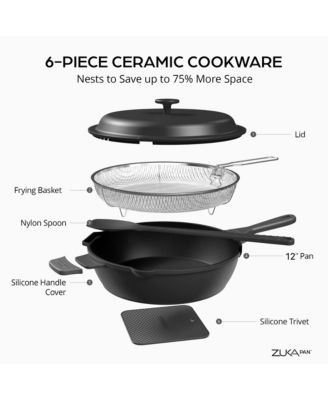 Zuka Everyday Pan 4.25 Qt. Ceramic 10 in 1 Nonstick Multi-Functional Saute Pan with Lid, Nylon Spoon, & Steamer Basket
