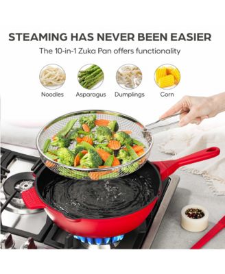 Zuka Everyday Pan 4.25 Qt. Ceramic 10 in 1 Nonstick Multi-Functional Saute Pan with Lid, Nylon Spoon, & Steamer Basket