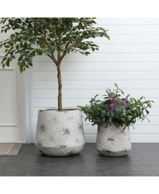 Rustic Off White with Brown Accents 12.2-Inch Tall Round MgO Planter