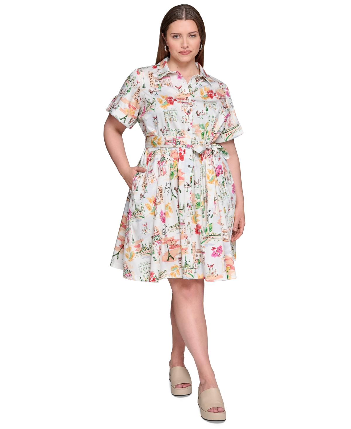 Karl Lagerfeld Plus Size Conversational Belted Shirtdress In Multi