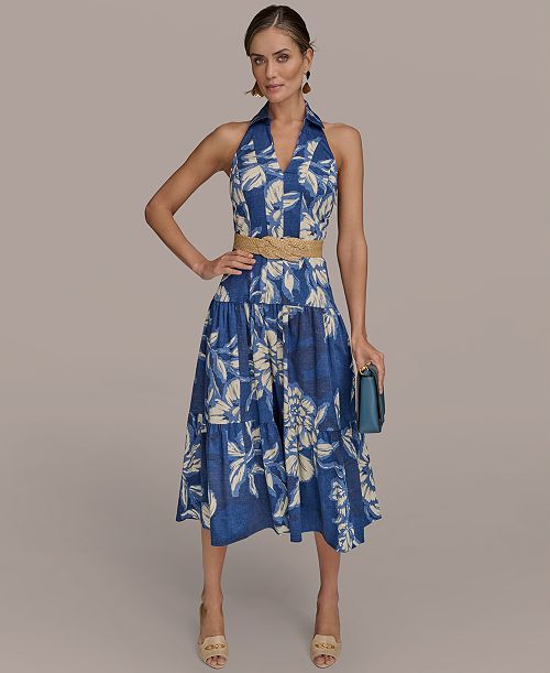alfani Donna Karan New York Women's Halter Belted Midi Dress Women's Fashion Shoes & Accessories