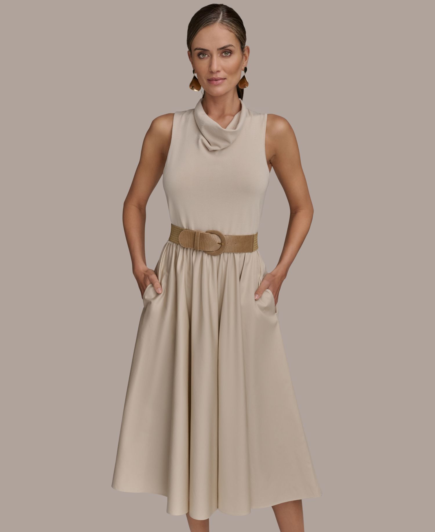 Women's Mixed-Media Belted Midi Dress