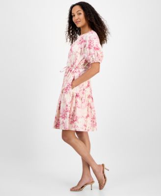 Women's Printed Short-Bubble-Sleeve Tie-Waist Dress