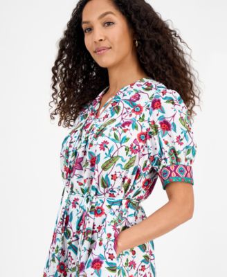 Women's Printed Tie-Neck Short-Puff-Sleeve Dresss