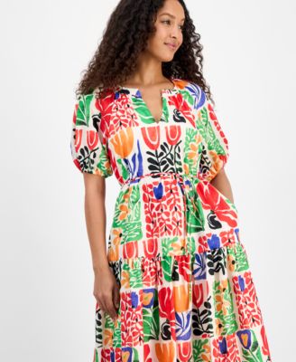 Women's Printed V-Neck Puff-Sleeve Midi Dress