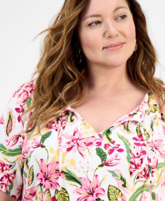 Plus Size Printed Tie Split Neck Top, Exclusively at Macy's