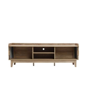 63" Oak Mid-Century Modern Tambour-Style TV Stand with Tray Top & 2 Doors