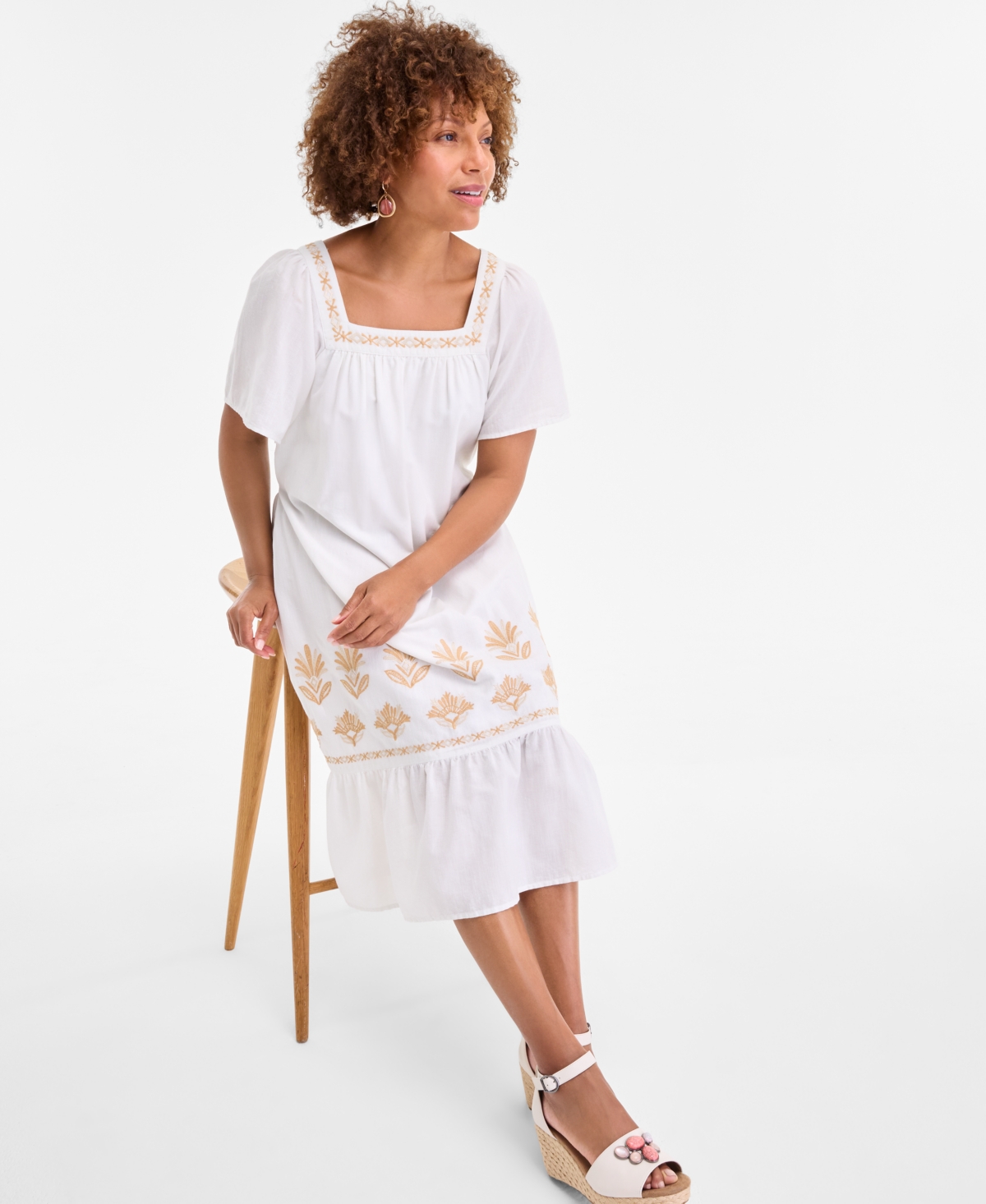 Style & Co Women's Cotton Gauze Embroidered-trim Square-neck Midi Dress, Exclusively At Macy's
