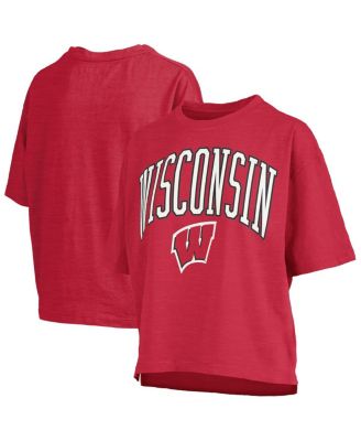 Pressbox - Women's&nbsp;Red Wisconsin Badgers Nelson Arch Over Logo Waist Length Oversized Slub T-Shirt