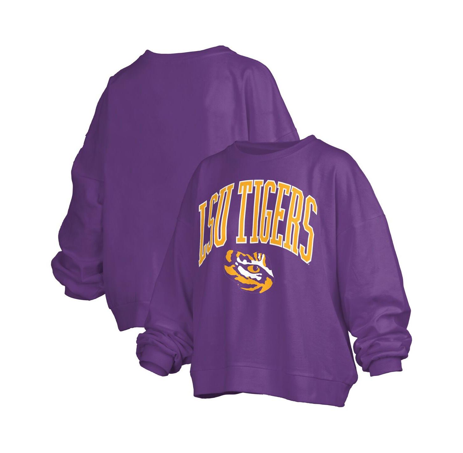Women's Purple LSU Tigers Janise Arch Over Logo Waist Length Oversized Pullover Sweatshirt