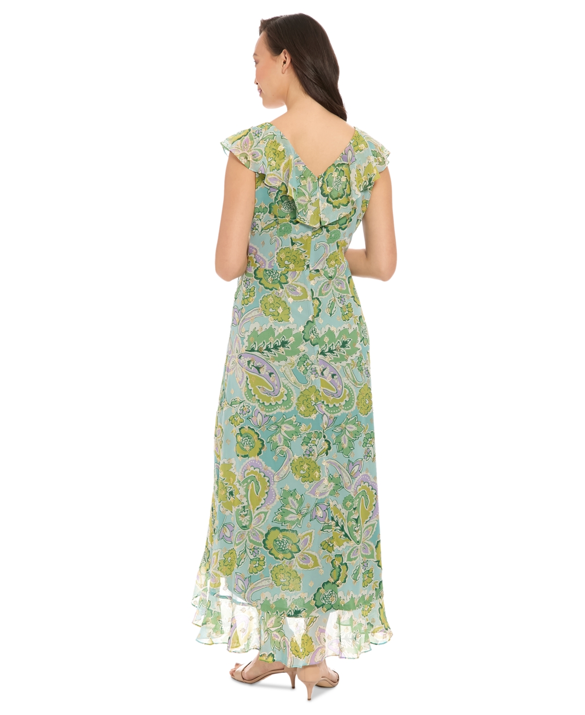 London Times Petite Faux-wrap Ruffle-trim Midi Dress