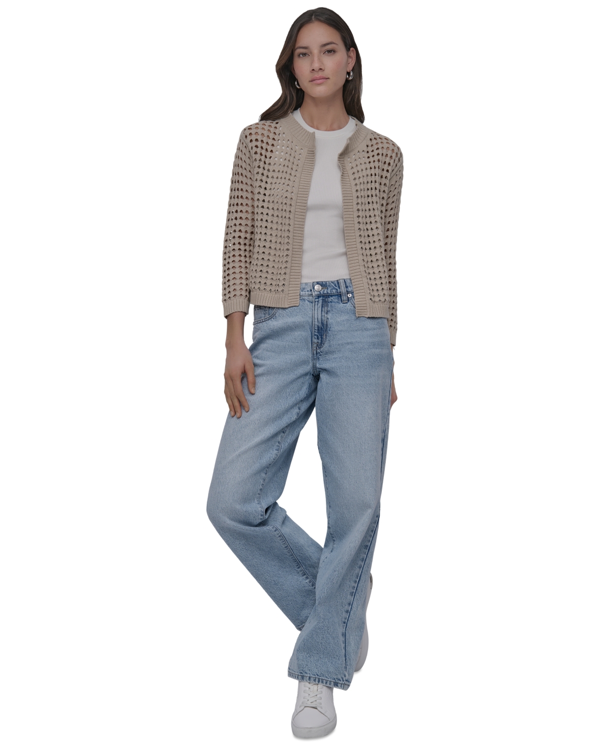 DKNY JEANS PETITE COTTON OPEN-STITCH LONG-SLEEVE CARDIGAN 
