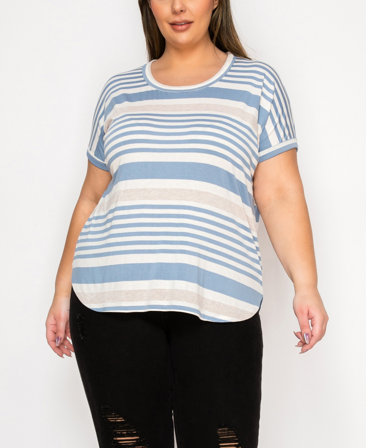 Plus Size Engineer Stripe Dolman Short Sleeve Top - Denim Oat Ivory