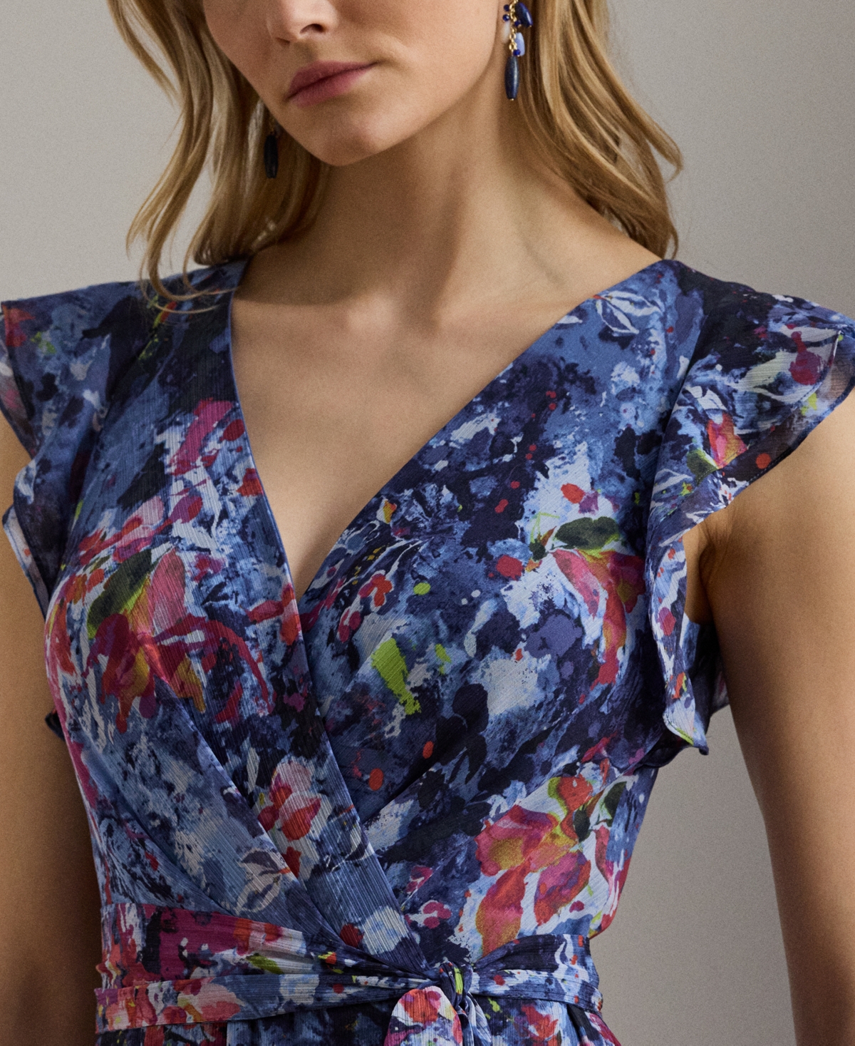 Ralph Lauren Print Ruffle-trim Crinkle Georgette Gown In Blue