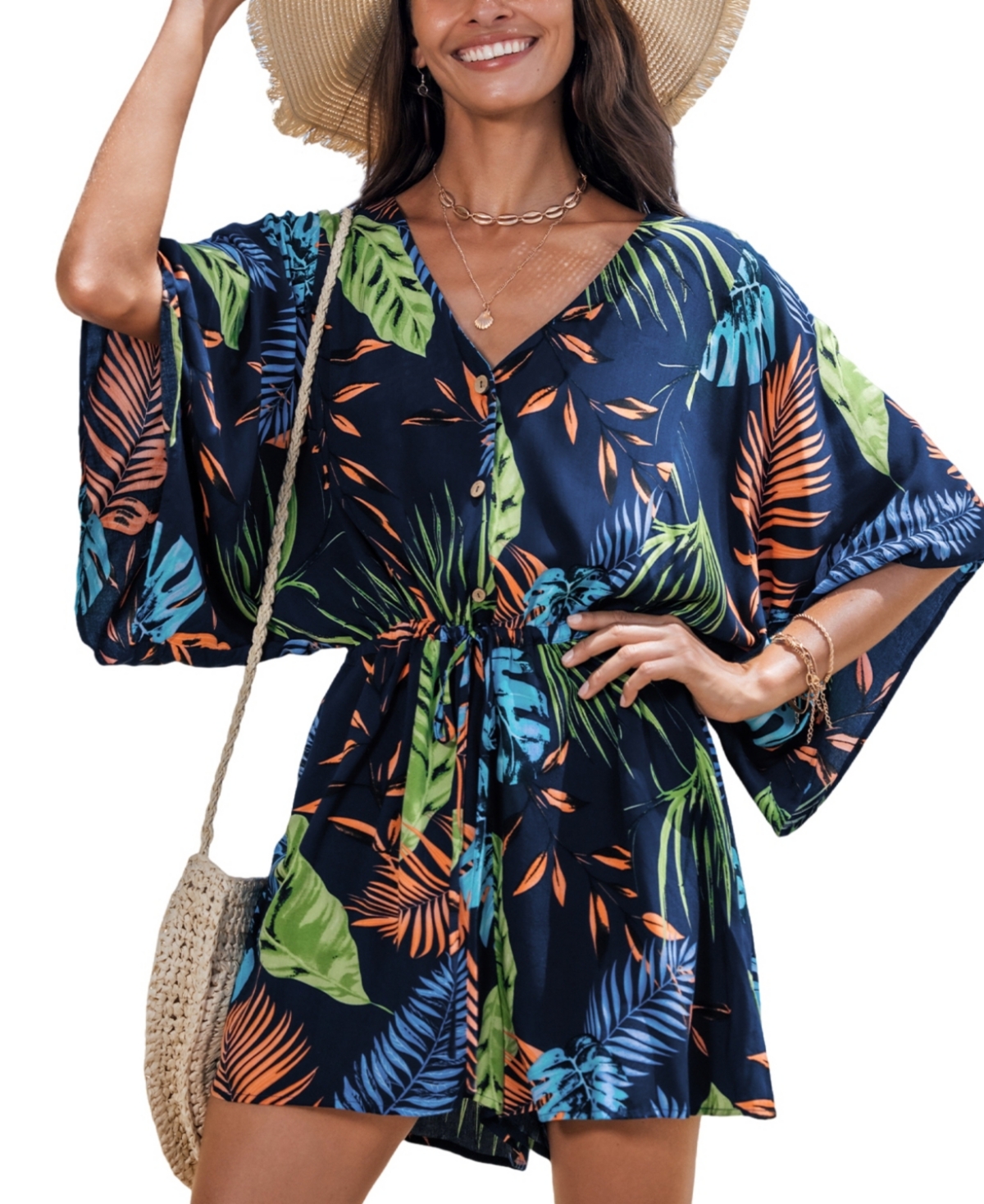 Women's Neon Heat Tropical Romper - Dark blue