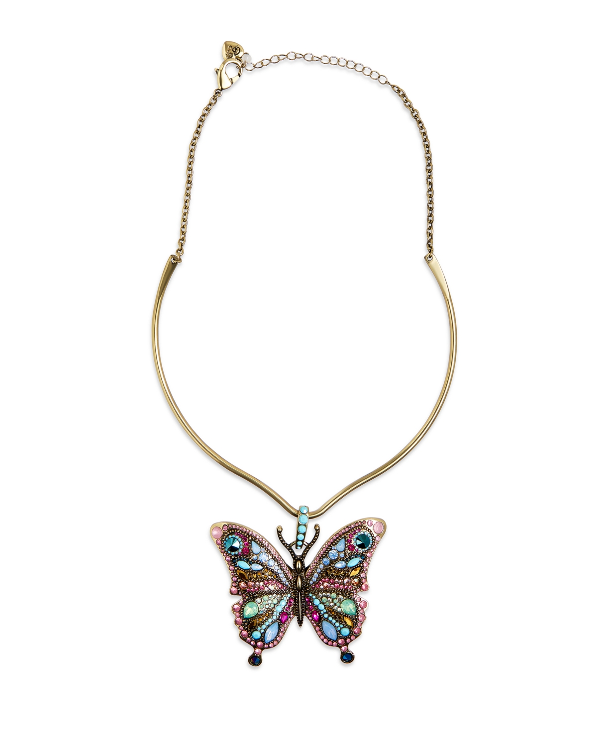 Faux Stone Boho Butterfly Pendant Wire Necklace - Multi, Antique Brass
