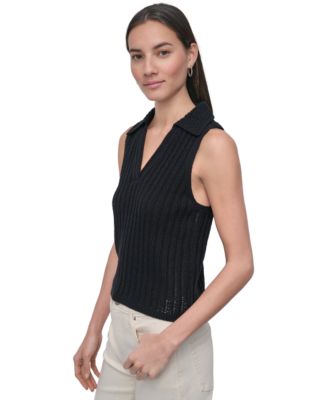 Women's Lacey Stitch Collared Sleeveless Sweater