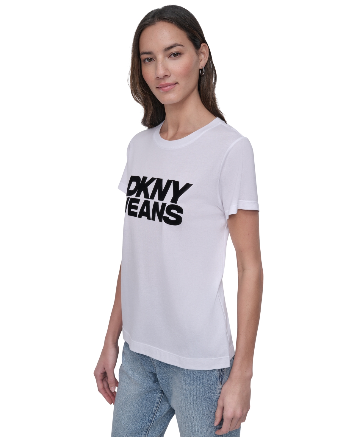 DKNY JEANS WOMEN'S FLOCKED LOGO CREWNECK T-SHIRT 