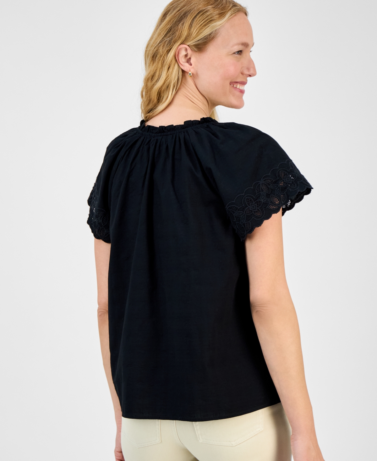Style & Co Petite Mesh-trim Ruffled-cuff Top, Created For Macy's