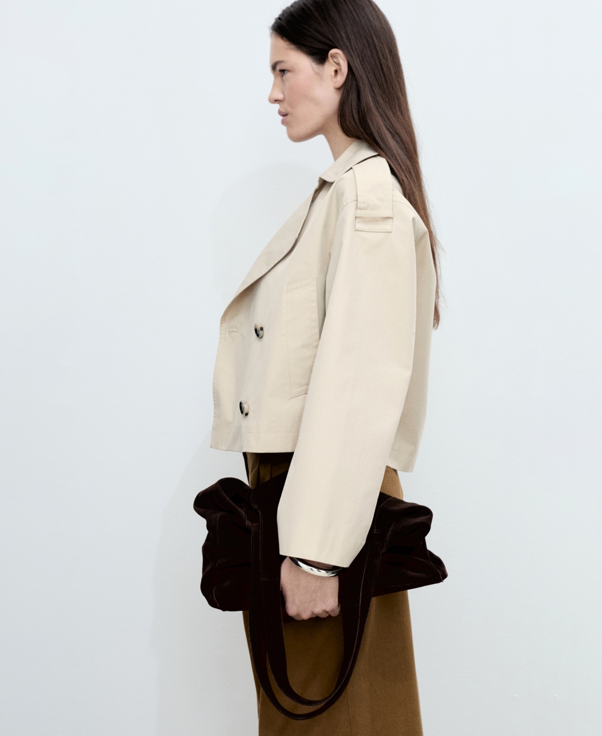 Mango Double Breasted Crop Trench Coat In Light,pastel Gray