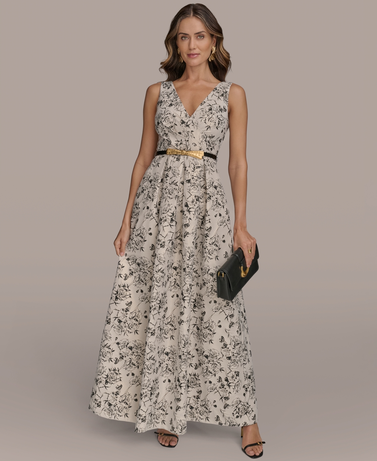 Donna Karan Women's Belted V-neck Jacquard Ball Gown