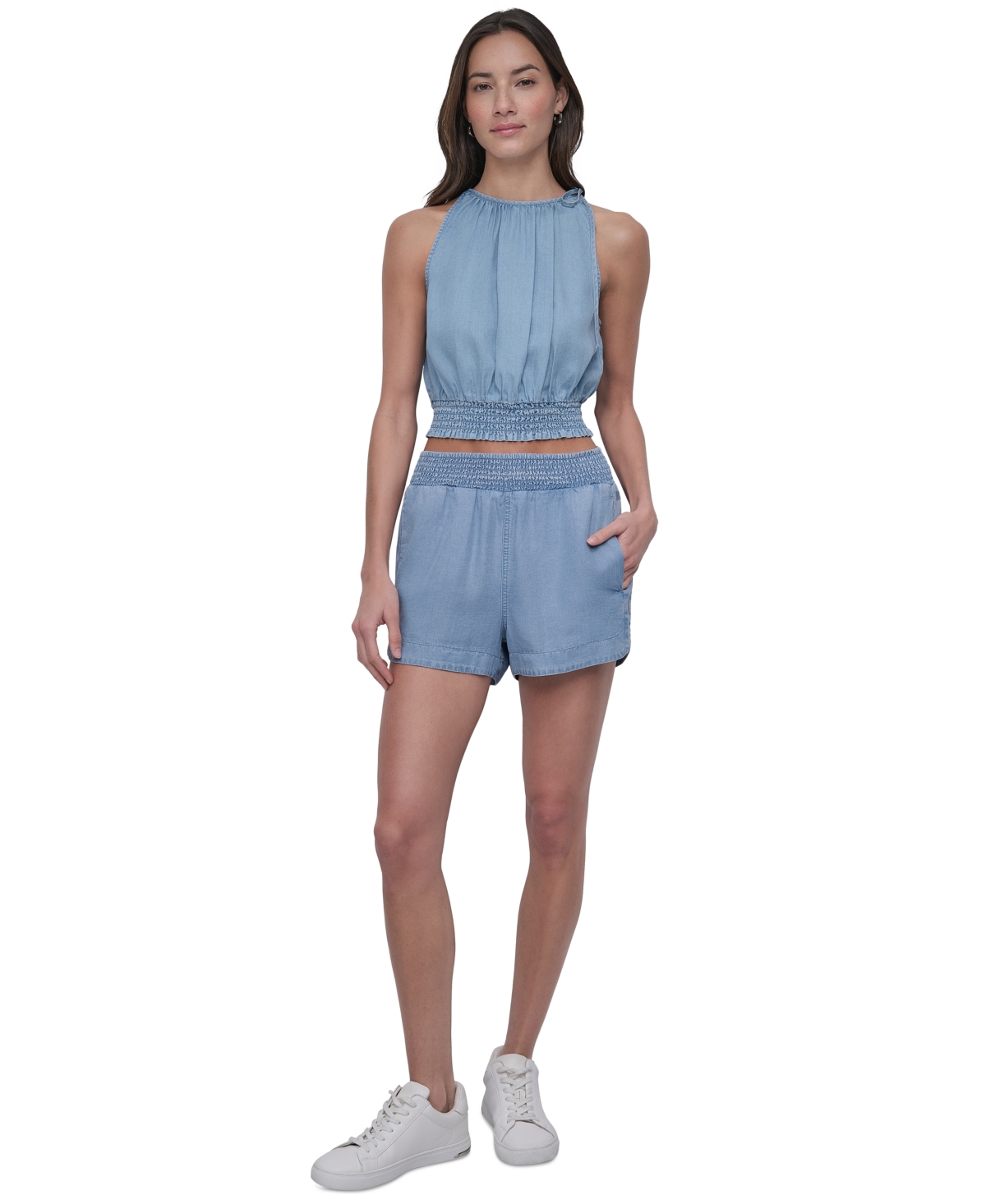 DKNY JEANS WOMEN'S CHAMBRAY HIGH RISE DOLPHIN-HEM SHORTS 