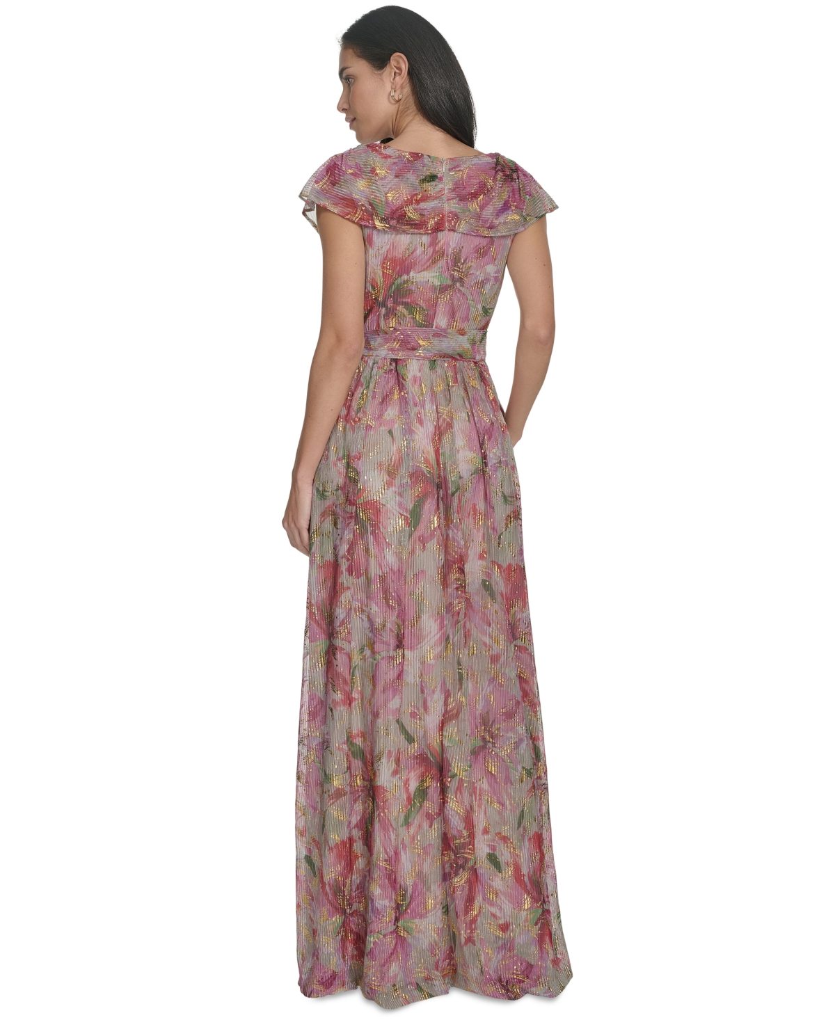 Jessica Howard Petite Extended-shoulder Tie-waist Metallic Gown