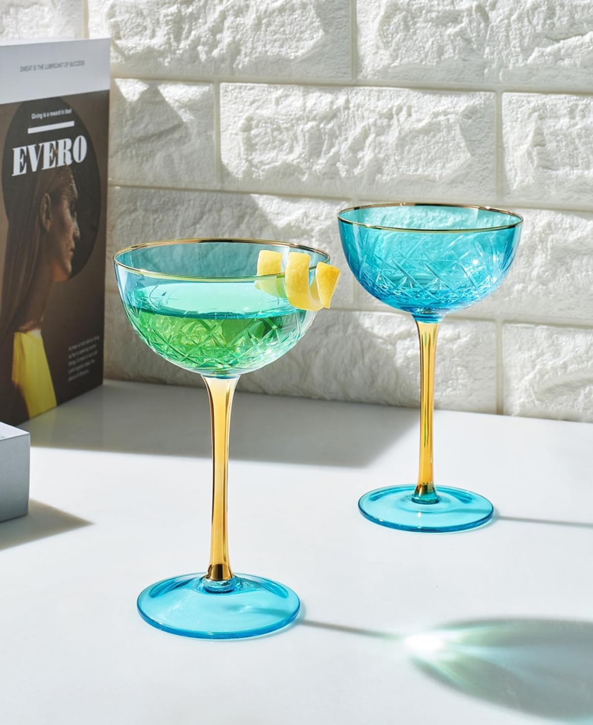 The Wine Savant Vintage Art Deco Coupe Glasses, Set Of 2 In Blue