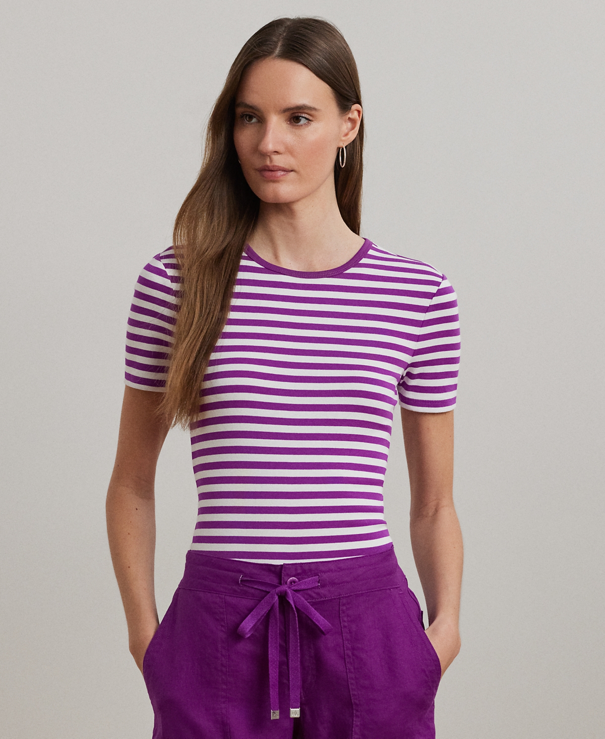 Petite Striped Stretch Cotton Crewneck Tee - Purple Dawn/White