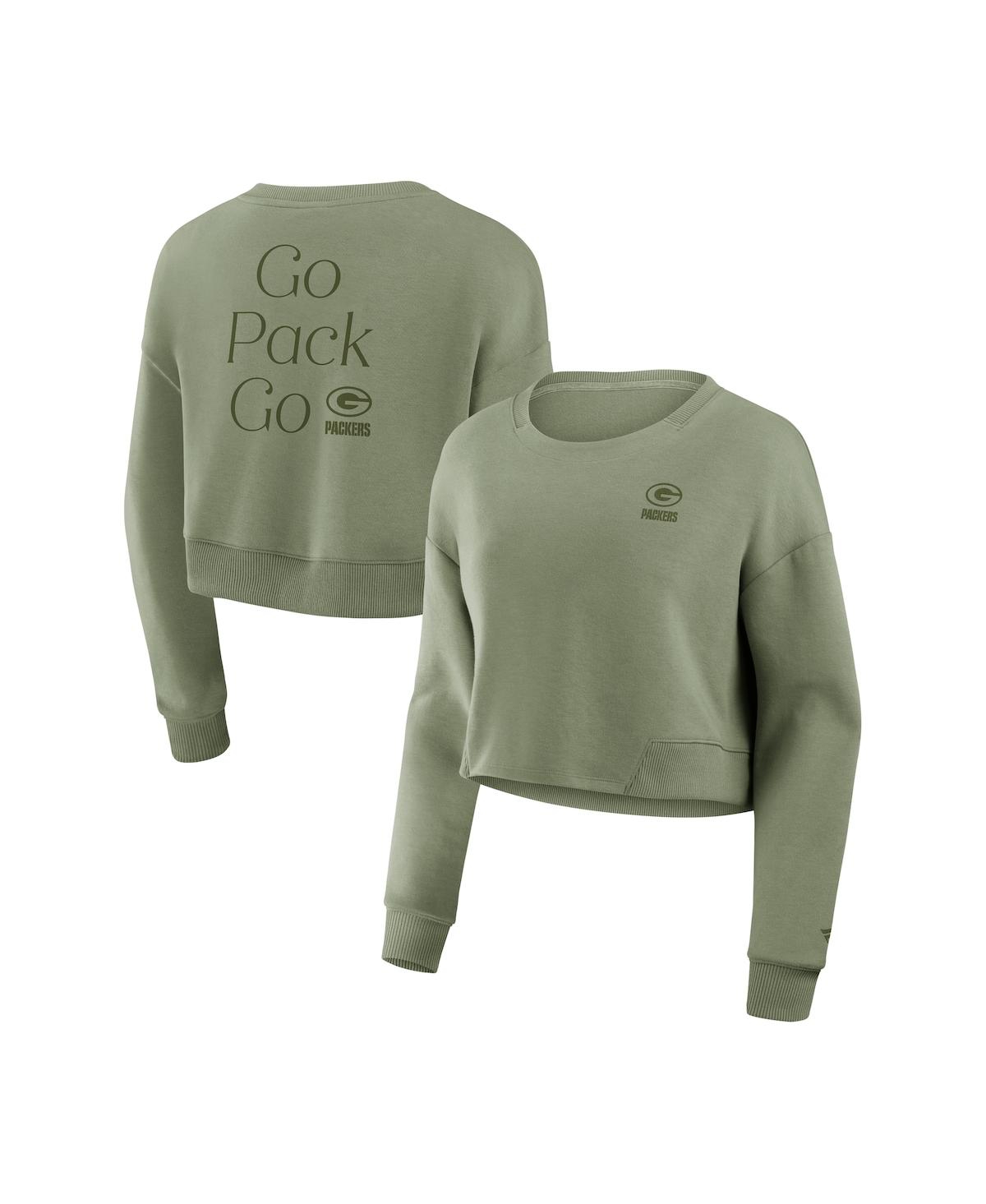 Fanatics Women's Olive Green Bay Packers Studio Tri-blend Cropped Pullover Sweatshirt In Olive