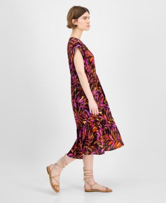 Women's Printed Extended-Shoulder Midi Dress
