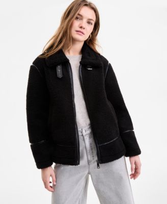 Steve Madden - Juniors' Faux-Sherpa Faux-Leather-Trim Coat