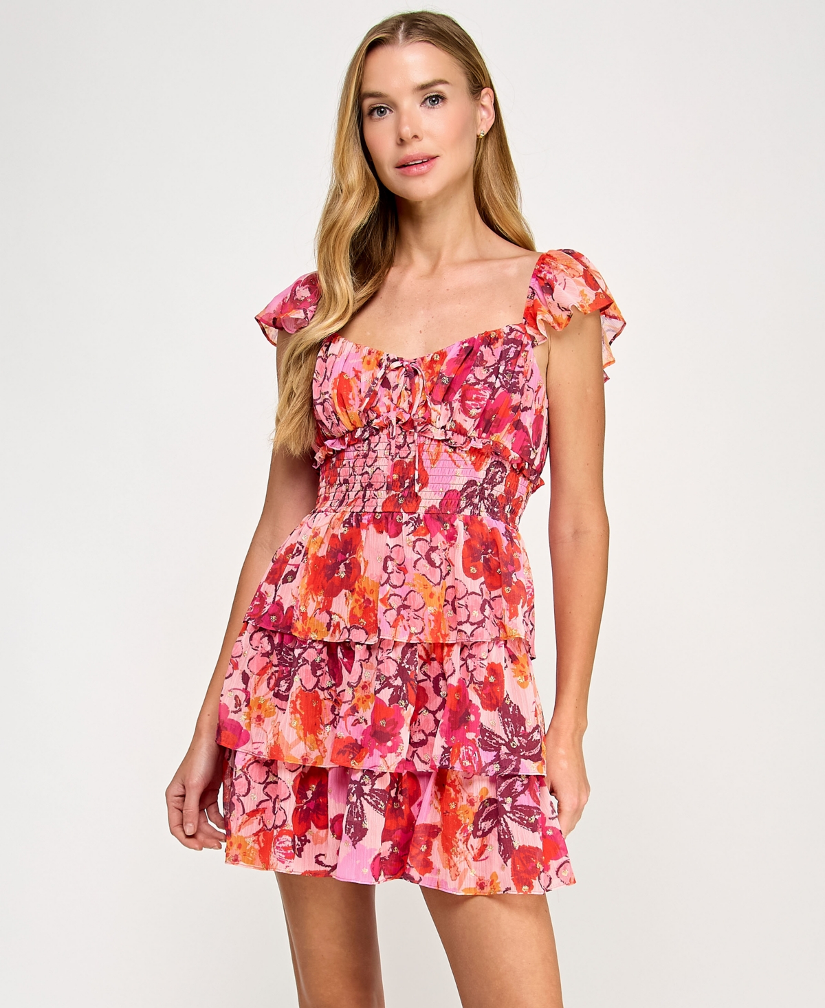 City Studios Juniors' Floral Glitter-dot Tiered Dress